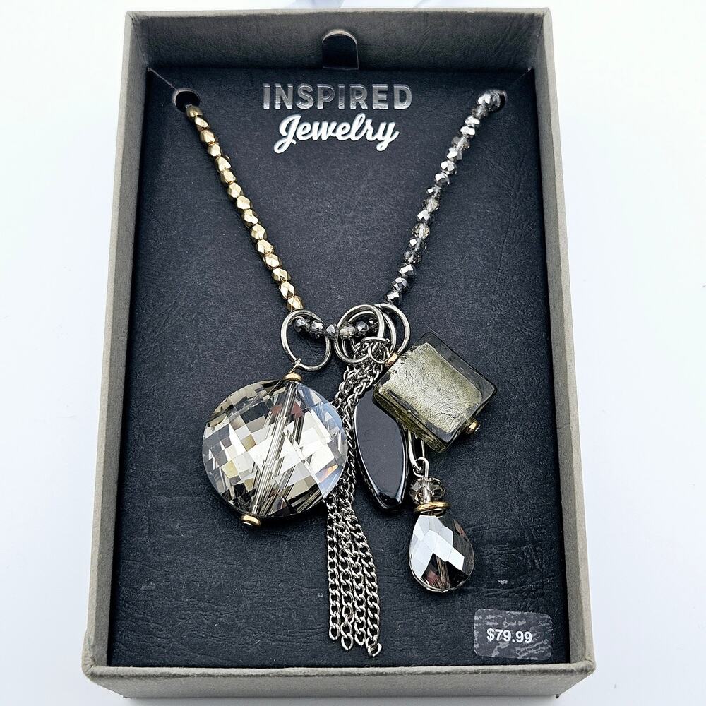 Multicharm Statement Necklace Long Beaded Chain Black Bronze Multitone Artsy NWT